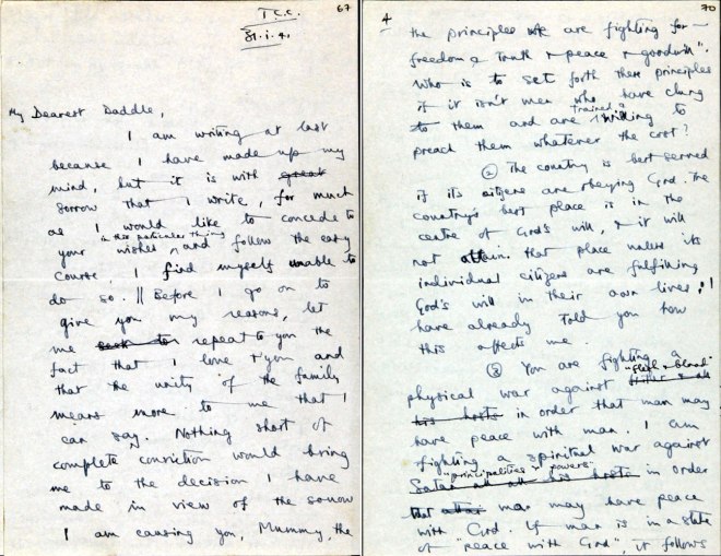 Stott's letter of justification to his father STOTT/11/3/1 f. 67 r. and f. 70 r. 