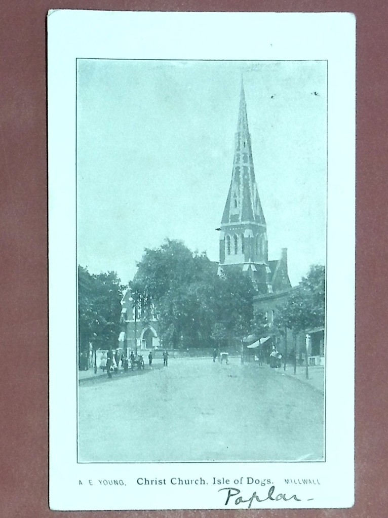A postcard showing Christ Church, Isle of Dogs