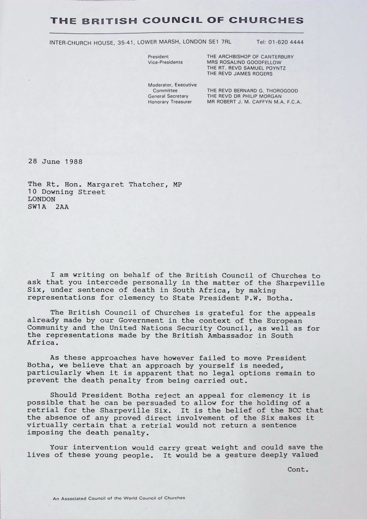 Typescript letter from the BCC to Margaret Thatcher