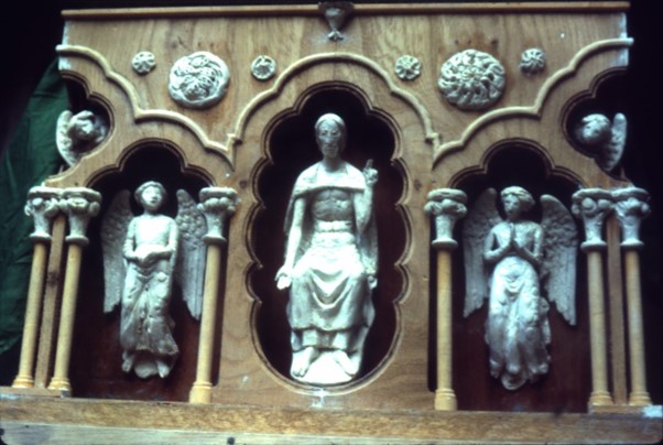 A model of the replacement statues for Wells Cathedral showing Christ in majesty and accompanying angels